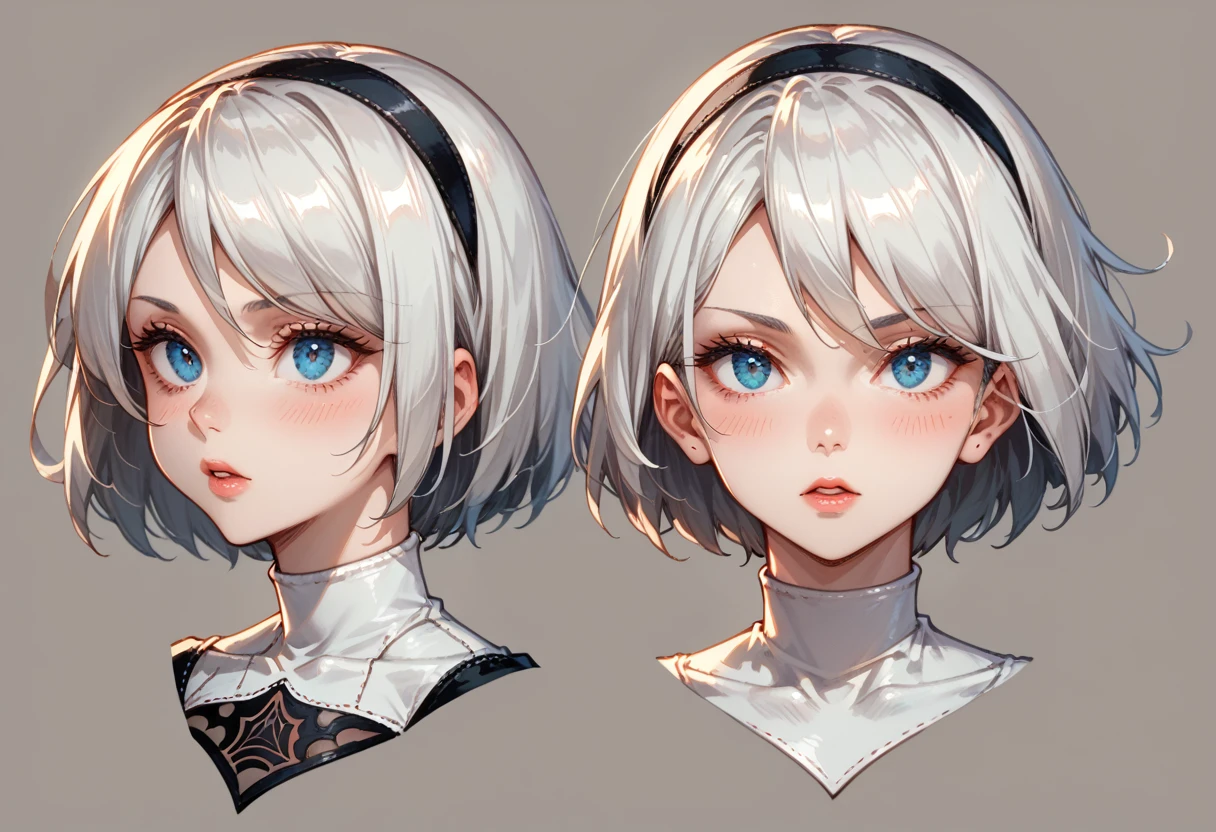 character sheet desing lady 2b from nier automata, only head. beauty face, perfect proportion, beauty, ultra detailed face. view: front view and orthogonal side view . (only head view) 2 views. beauty eyes. orthogonal views, no perspetive only orthogonal views. straight head, orthogonal view. symmetry. only 2 views.