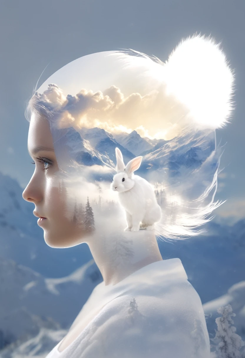  Double Exposure ，Angelic, Detailed Girl Silhouette ,  volumetric lighting , level flight，Asahi,  merges with snowy landscape ,  horizon , In the sky, (white:1.2)，A cute rabbit runs,  high definition, 8k