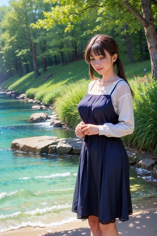 Woman standing by the lake、Beauty、Uniform eyes、20 years old、university student、(((She is wearing a long navy blue dress)))、(((Wearing white panties)))、Wearing pumps、Smiling、Hands in front、Well-balanced proportions、Medium build、Small Bust、Small face、Viewer's gaze: Looking at the whole body from the front、A strong wind is blowing、(((The wind blows up my skirt)))、black hair, bangs, long hair, messy hair, light smile, Surrealism, cinematic lighting, tachi-e, first-person view, pov, f/1.2, Nikon, UHD, best quality, highres, 8k