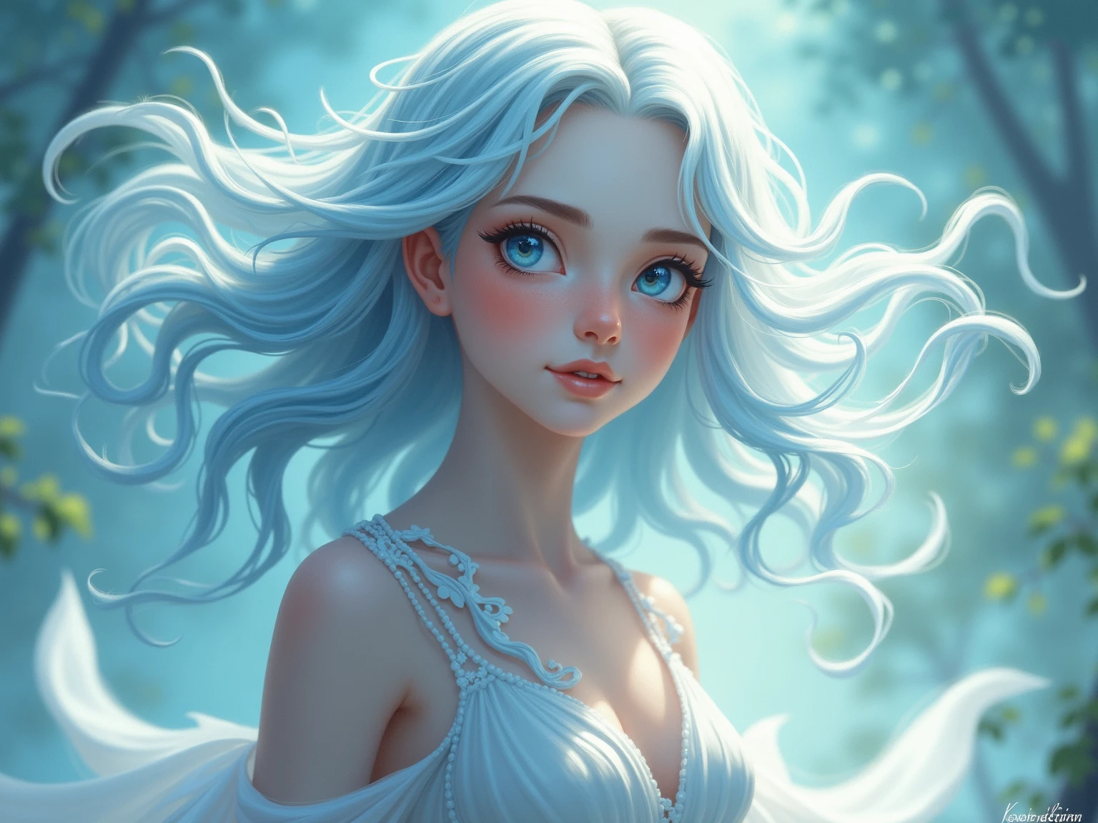（Lifelike， A high resolution：1.3）， 1 girl with a perfect body， Super fine face and eyes，long whitr hair， Tank top of random colors：1.2， Lace suspenders