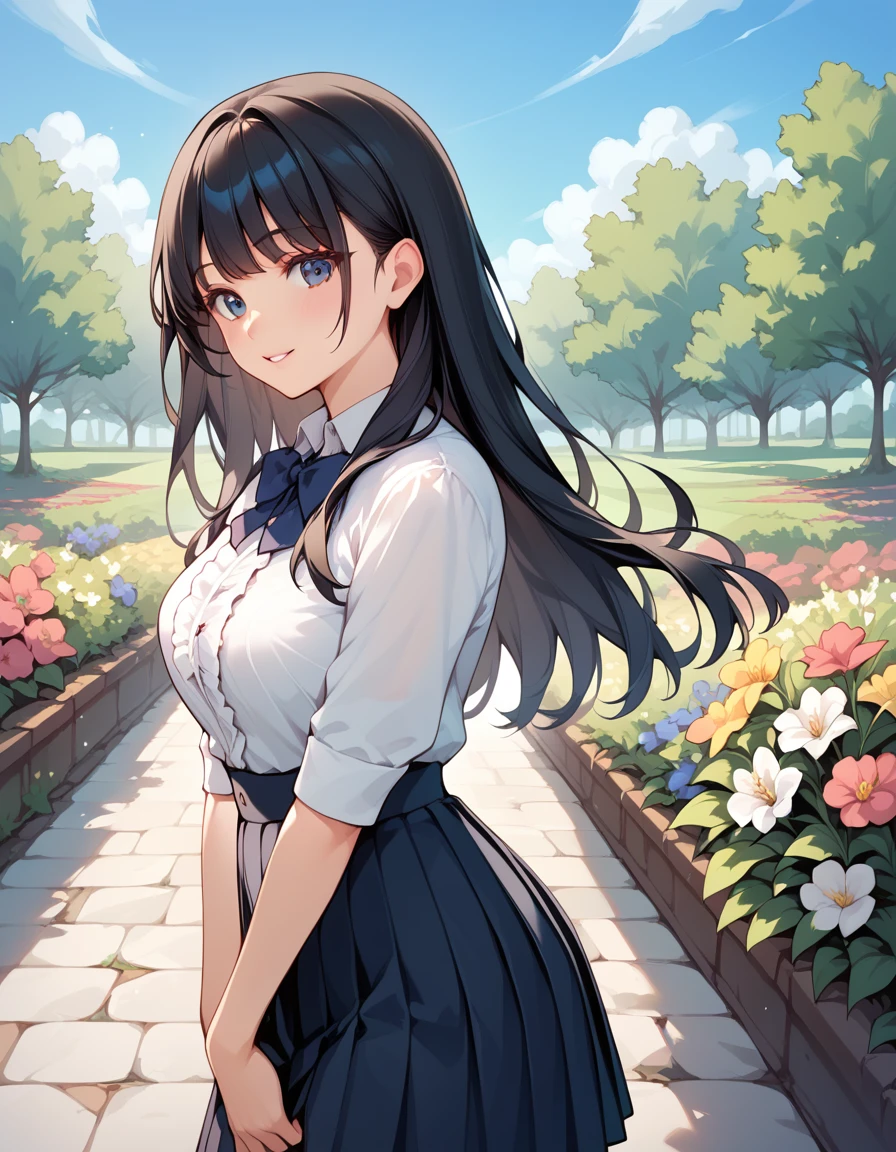  1 girl, Black Hair, long hair ,ruffled shirt , pleated skirt ,garden,Flower Field,stroll