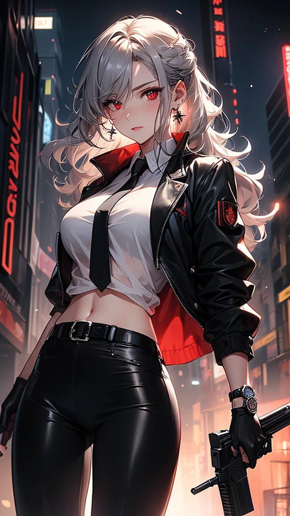  1 girl,  close-up shot , (Gray Hair, curly hair,  big breasts at the temple, red eyes),  COMPLETE ANATOMY, city,  cyberpunk style , (( white shirt ,  Black Jacket ,   black skirt  , belly button, belt,  BLACK GLOVES, tie, watch,  earrings for a woman alone,  see-through black leggings)), (( Holding Gun )), war, ruined city, battlefield, rubble, building,cigarette