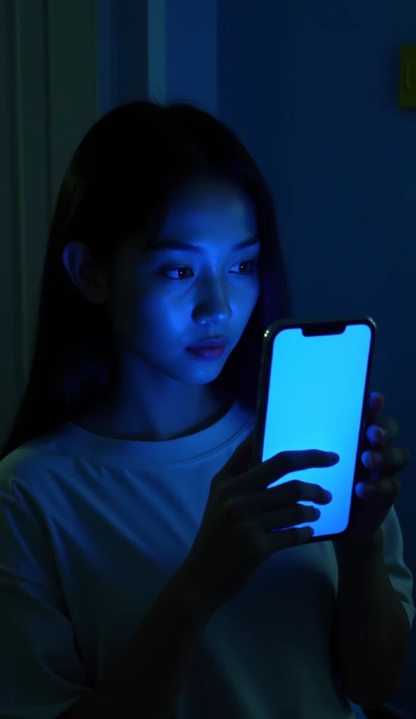 Emma, a 24-year-old young woman, is in her dimly lit room. The only source of light comes from her phone, whose blue screen highlights her intrigued expression in Ultra HD and 4K. A mysterious message flashes on the screen:" Quieres una experiencia diferente? Únete al Clud de los Viejos.' The room is bathed in dark, cold tones, with blue, green, and yellow color grading, adding a touch of eeriness to the atmosphere. The soft, dramatic lighting enhances the intricate details of the surroundings. This scene is captured in a dynamic, colorful, high-resolution, ultra-realistic cinematic UHD digital photograph, with meticulous brushwork and shading that elevate the image to a museum-worthy level. The masterful fusion of technology and nature adds an impressive visual quality."