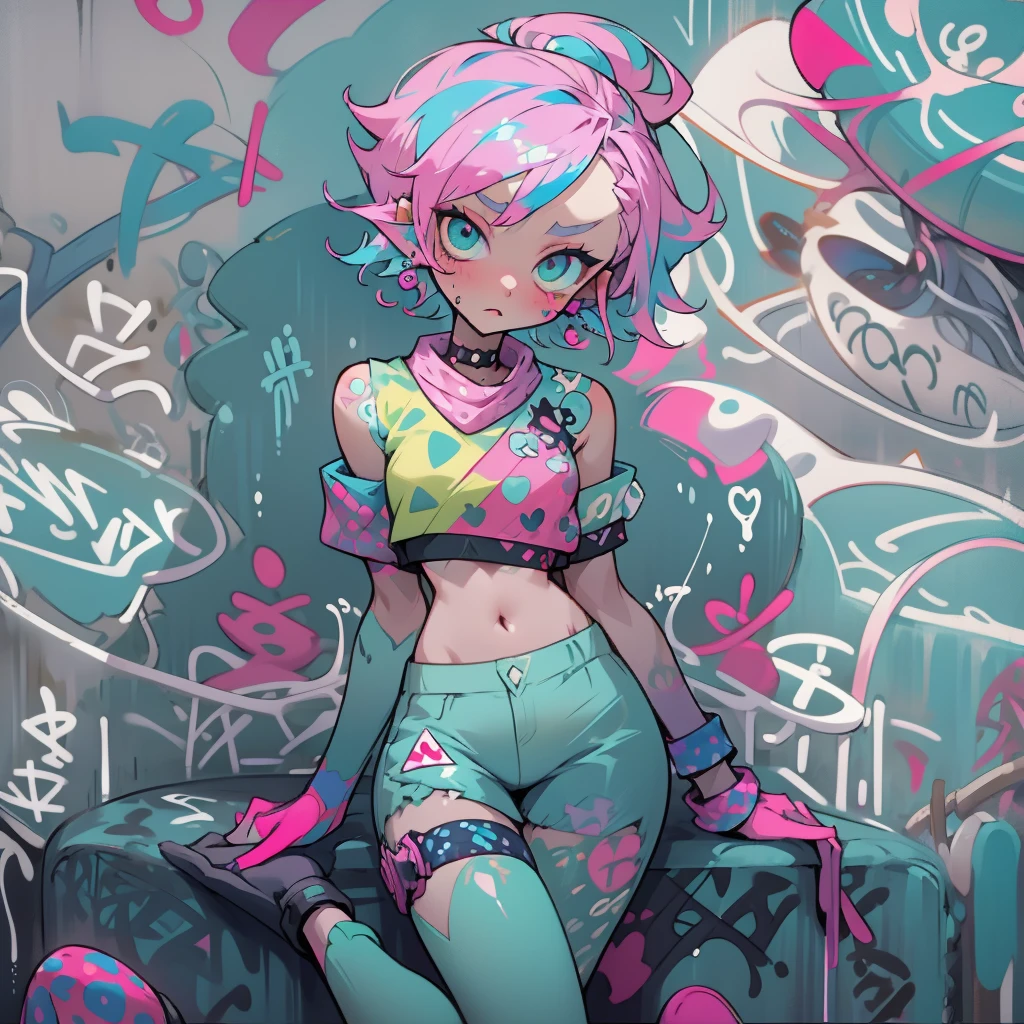 Green hair,Slim body,bit girl,1 ,Small short legs,Pink pupils,Green eyes,Red eyes white,Pink tattoo on the neck,Small breasts,Small breasts,bit girl,Small breasts,Gray-blue bra,Tattoo of a pink sheep's head on the belly,Pink cyberpunk tattoo on the right thigh,Short legs,Short legs,black sneaker shoes,with hair dishevelled,Look at the upper right corner,holding a pistol on right hand,Point to the head of the person on the left,adolable,Shy,exasperation,