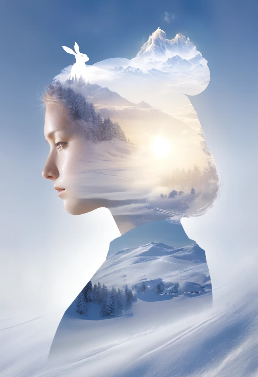  Double Exposure ，Angelic,  detailed half-body silhouette of a girl,  volumetric lighting , level flight，Asahi,  merges with snowy landscape ,  horizon , In the sky, (white:1.2)，A cute rabbit runs, Calm and warm feeling ， high definition, 8k