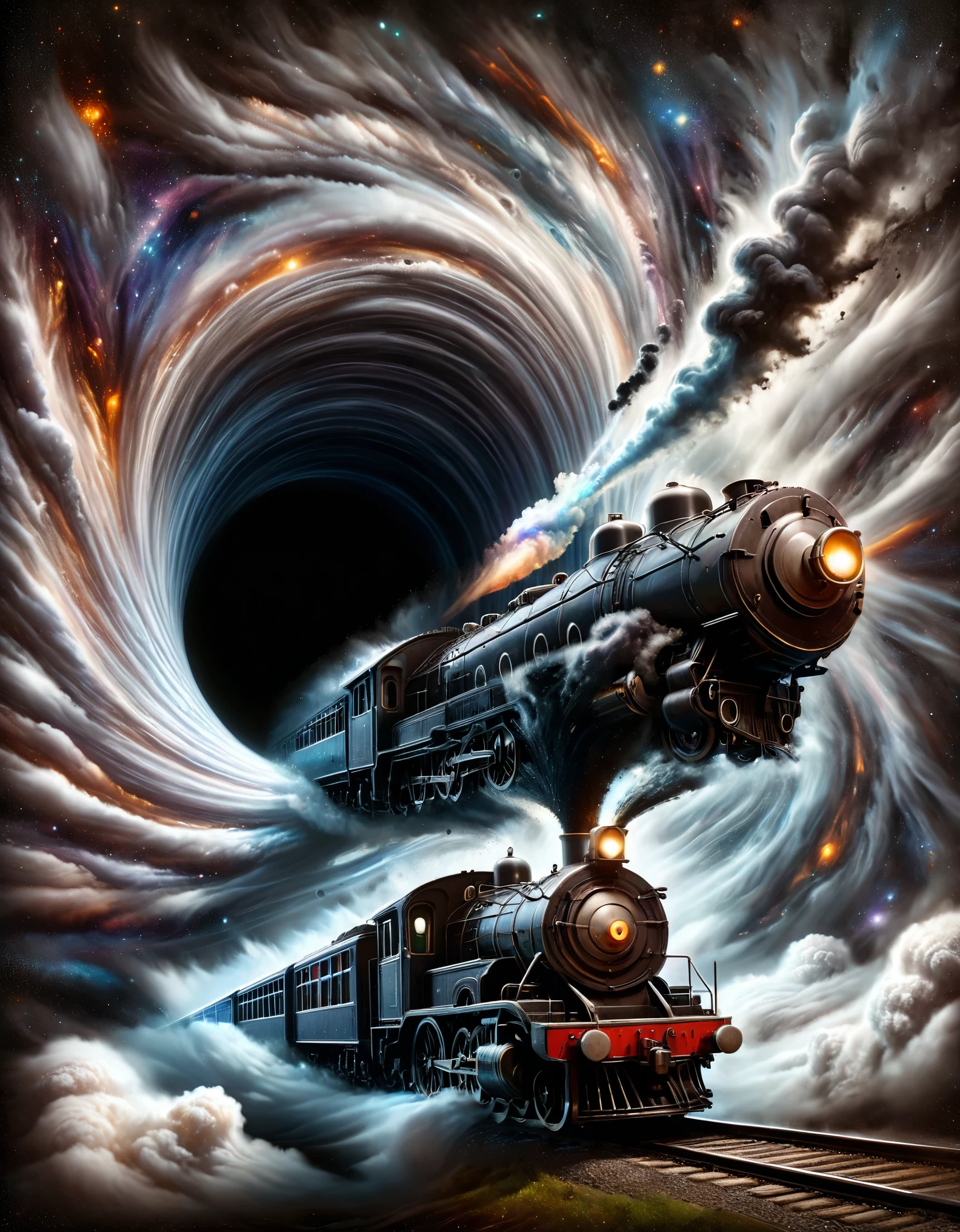 Portal to Another Dimension, black hole,. 
A steam locomotive emerges from a black hole made of clouds in a mysterious sky, half of the train is still inside the black hole. 
Masterpiece, Best Quality, Ultra high Detailes, intricate details