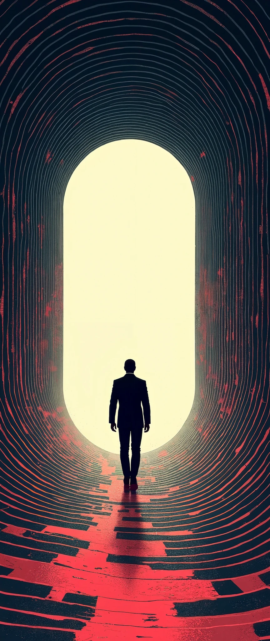 (masterpiece:1.2,EXCEPTIONAL QUALITY ,Mirror finish,  cinematic experience  , Best illustrations :2.0,Super detailed.2.0),8k,wallpaper,( A man in a suit walks through a twisted round tube:2.0),(A different dimensional portal opens at the end of the tube :2.0),( vector art with a single line:2.0),(Monochrome:2.0),(Door to Another Dimension :2.0),( Retrofuture)