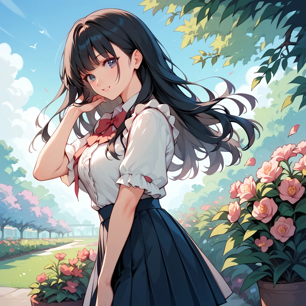  1 girl, Black Hair, long hair ,ruffled shirt , pleated skirt ,garden,Flower Field,stroll