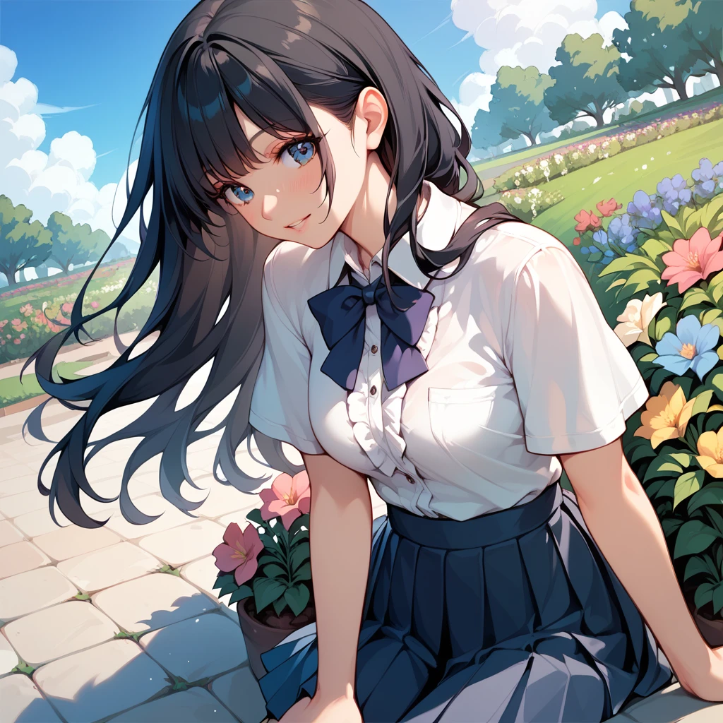  1 girl, Black Hair, long hair ,ruffled shirt , pleated skirt ,garden,Flower Field,stroll