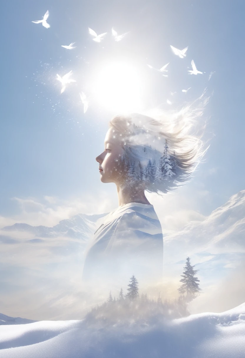  Double Exposure ，Angelic,  detailed half-body silhouette of a girl,  volumetric lighting , level flight，Asahi,  merges with snowy landscape ,  horizon , In the sky, (white:1.2)，A cute rabbit runs, Calm and warm feeling ， high definition, 8k