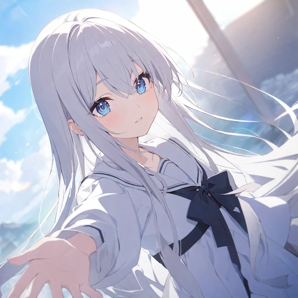 完美的white hair女孩, Anime visual of a cute girl, white hair的 god, small curve , white hair女孩, anime style 4k, white hair, anime long hair girl, white hair的, cute anime girl,，A little loli，long white hair，Amber pupils，black leather shoes，short skirt，Standing by the lake，starry sky，meteor