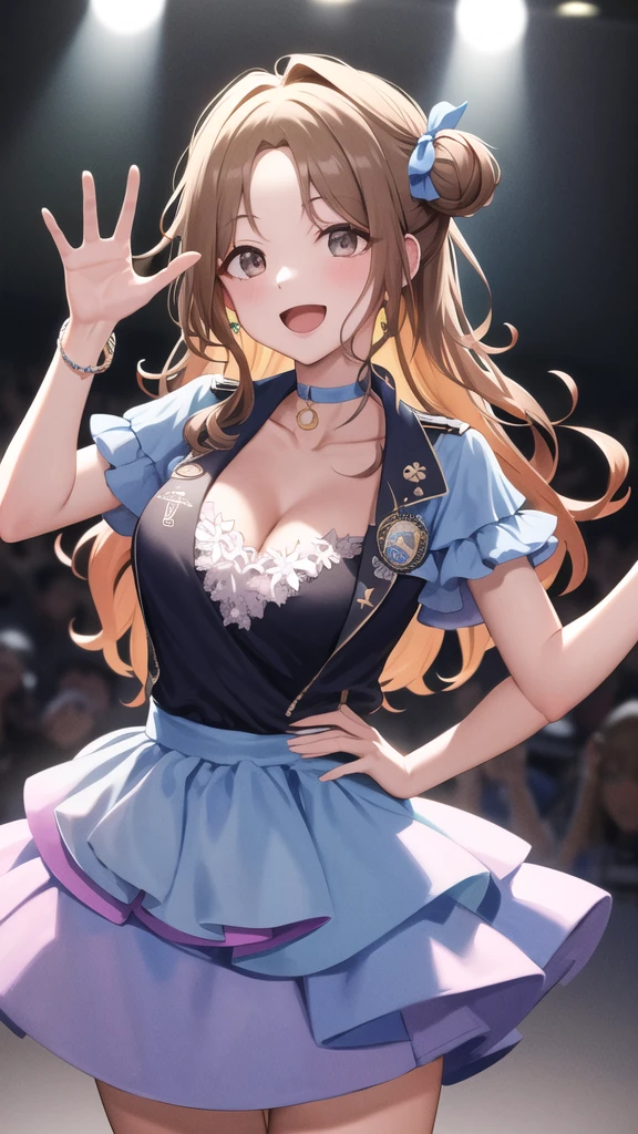 masterpiece, best quality, highres, hmhi, long hair, single hair bun, hair ribbon, blue choker, idol, jewelry, collarbone, cleavage, dress, short sleeves, layered skirt, badge, smile, waving, open mouth,