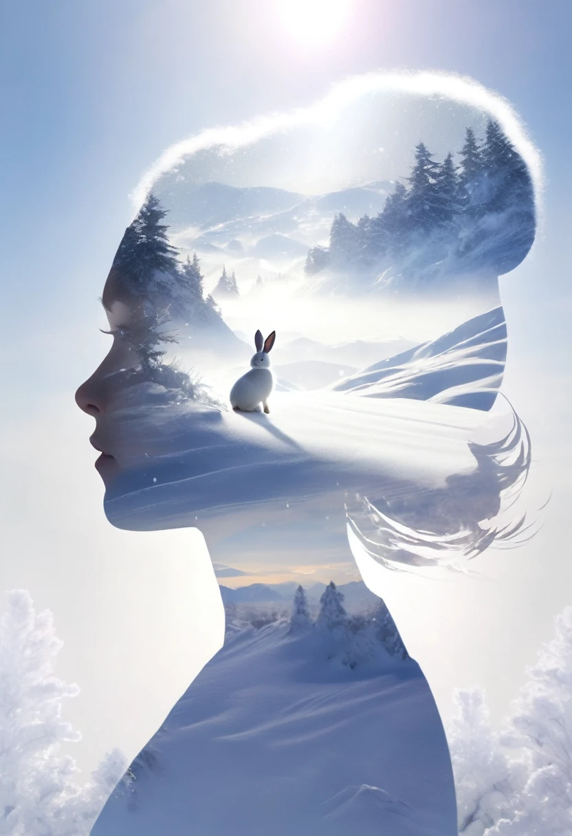  Double Exposure ，Angelic,  detailed half-body silhouette of a girl,  volumetric lighting , level flight，Asahi,  merges with snowy landscape ,  horizon , In the sky, (white:1.2)，A cute rabbit runs, Calm and warm feeling ， high definition, 8k