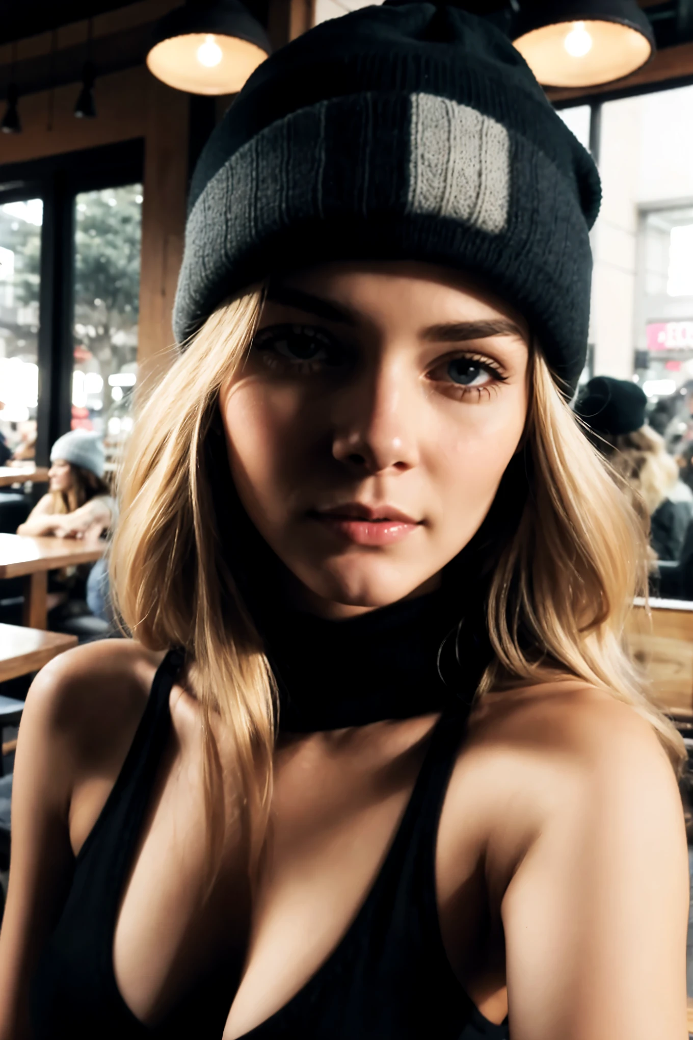 Beautiful blonde woman, coffee shop atmosphere,  Grey Beanie , Lively ,  tank top , Selfie, Look up at me