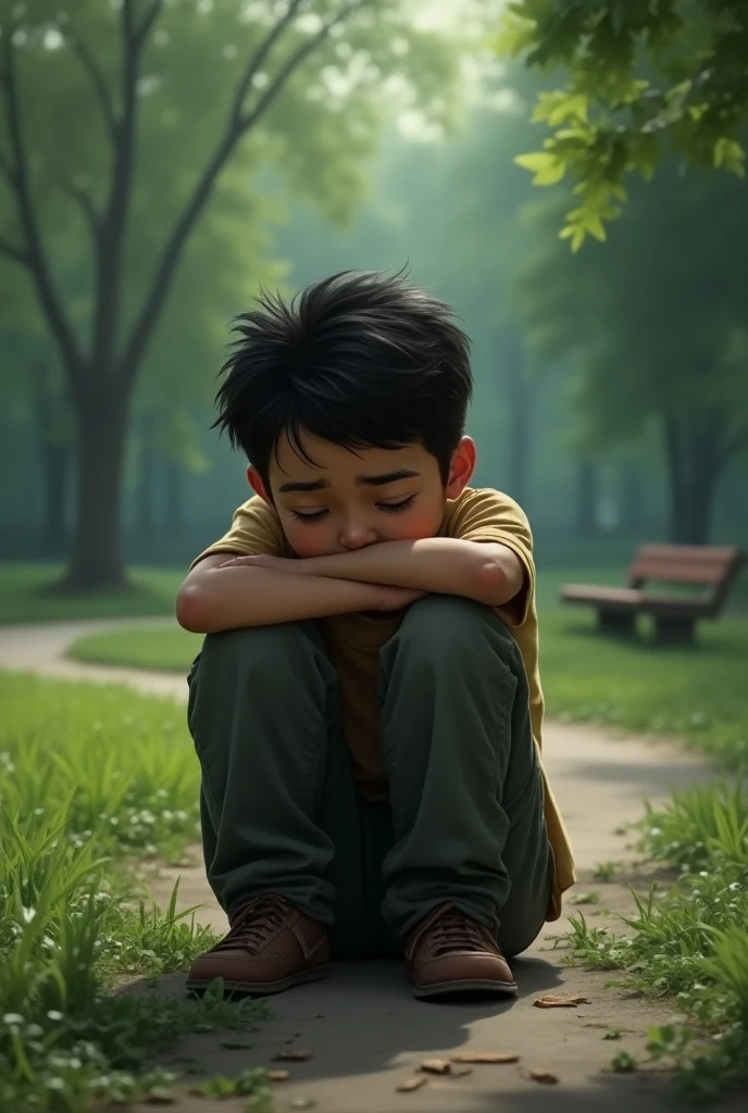 A Latino boy in school uniform, crying under a tree in the schoolyard, very detailed, colorful, 4K --auto --s2