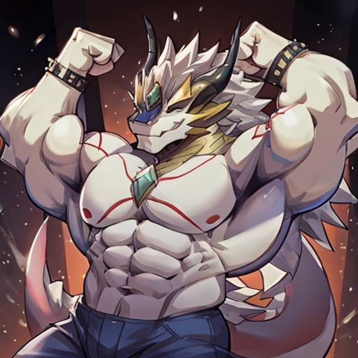 Gargantua dragon showing his huge pecs, while flexing his muscles and winking at you