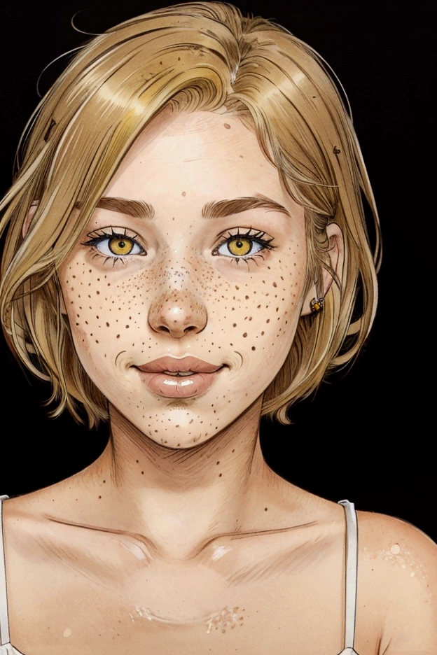 anime visual key, 1girl, close up, yellow hair, pimply, yellow, comic style by Jim Lee, clean, high quality, 8k