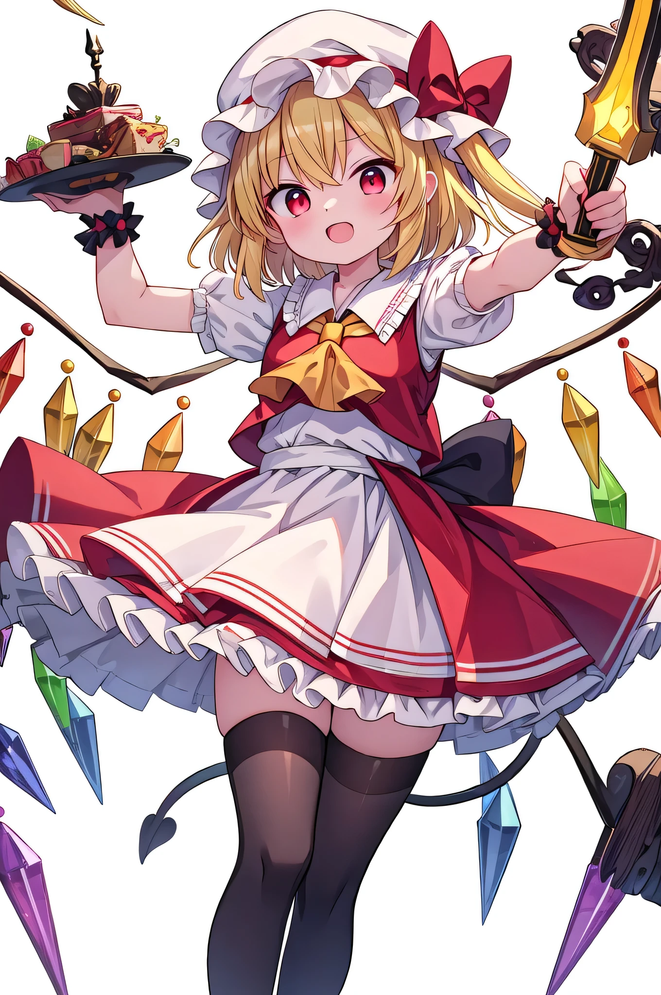  detailed background, masterpiece, Best Quality, Expressive、whole body、１Alone、１By people、１Only people、only girl、Flandre Scarlett, , Yellow hair on the third tail、Red eyes、Blonde、Long Hair、 Short Hair、 about the age of a female college student、Oriental Project、Simple standing image、Hold the dagger in front、aiming a short sword at viewer、Pure white background、