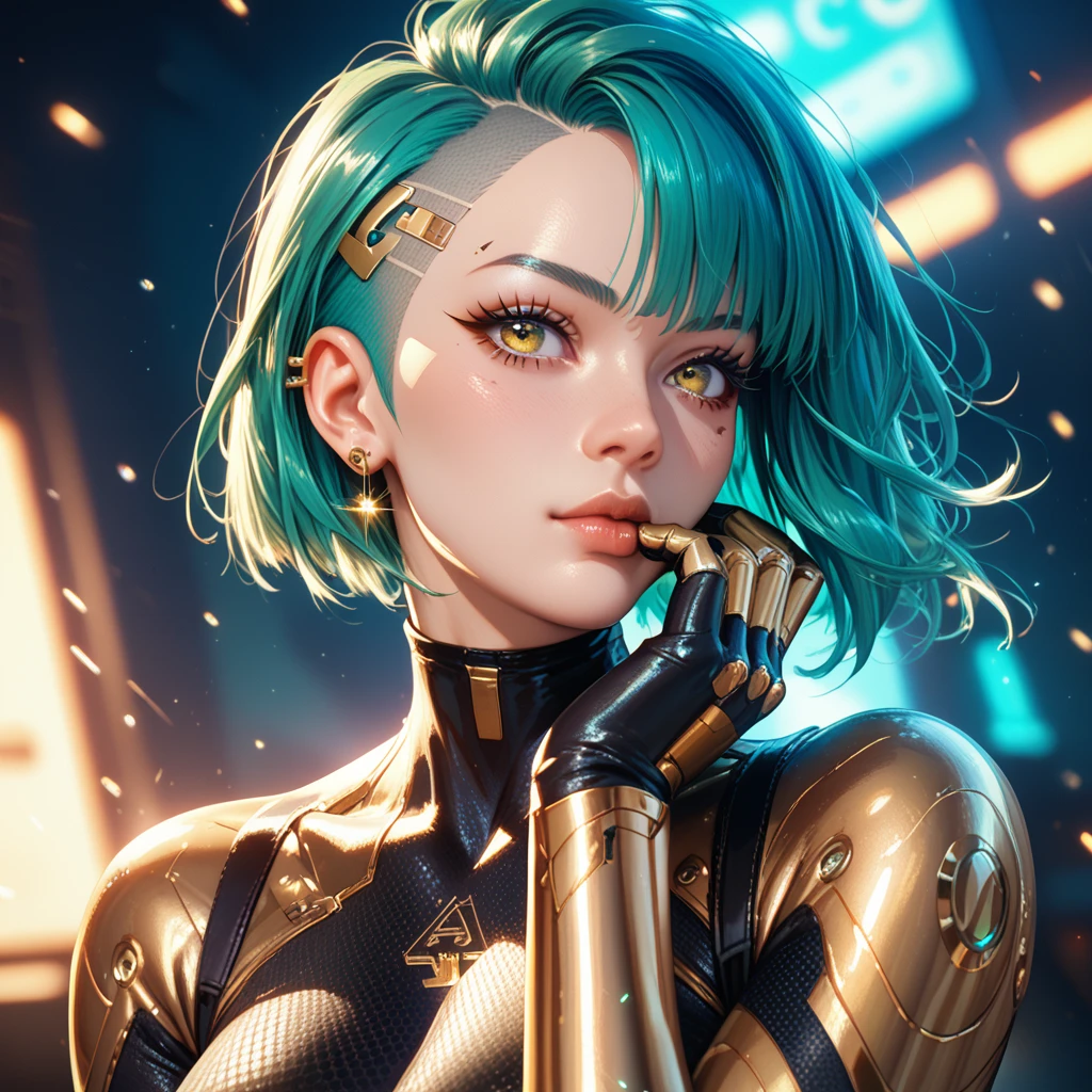 1 woman with teal sidecut punk hair, gold tech eyes, gold skullmask over mouth, tight bodysuit, nightcity cyberpunk backdrop, golden tech arms
