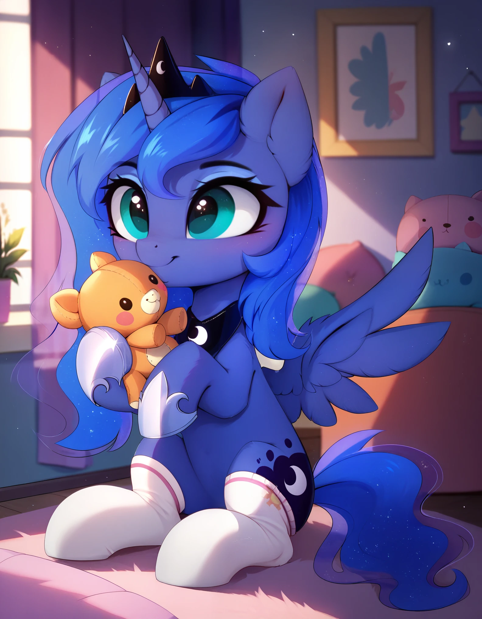 magnaluna, score_9, score_8_up, score_7_up, solo, young, Luna\(My_little_pony\), mlp, g4, alicorn, playroom\(place\), wearing knee socks, playing with plush toy,
(Full body), (high detailed), 4k, (high resolution)