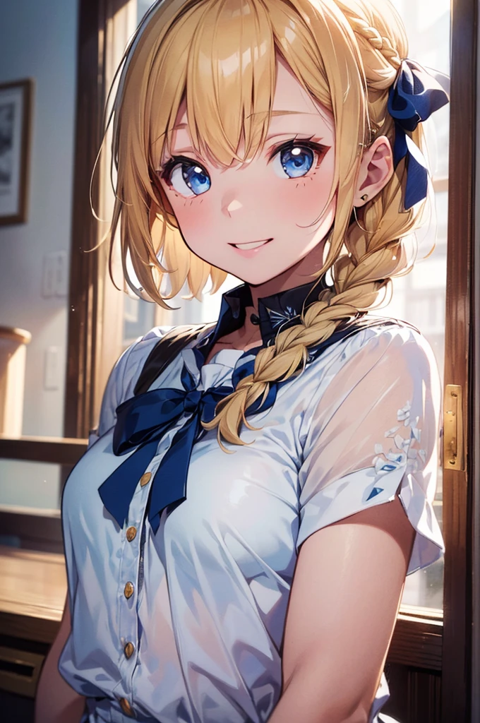 (masterpiece:1.2)、highest quality、High resolution、unity 8k wallpaper、(figure:0.8)、Highly detailed face、Perfect lighting、Highly detailed CG、(Perfect hands、Perfect Anatomy)、
Glossy blonde、Gradient Hair、The left sideburn is longer than the right、blue eyes、 look down、Upper Body、hair、Fair skin、French Braid、smile、Blunt bangs、Hoop Earrings、体の正面figure、(Beautiful fine details:1.6)、Tight eyes、Angry Eyes、Japanese high 、serafuku、zettai ryouiki、(see-through nipples:1.2), (see-through pussy:1.3)