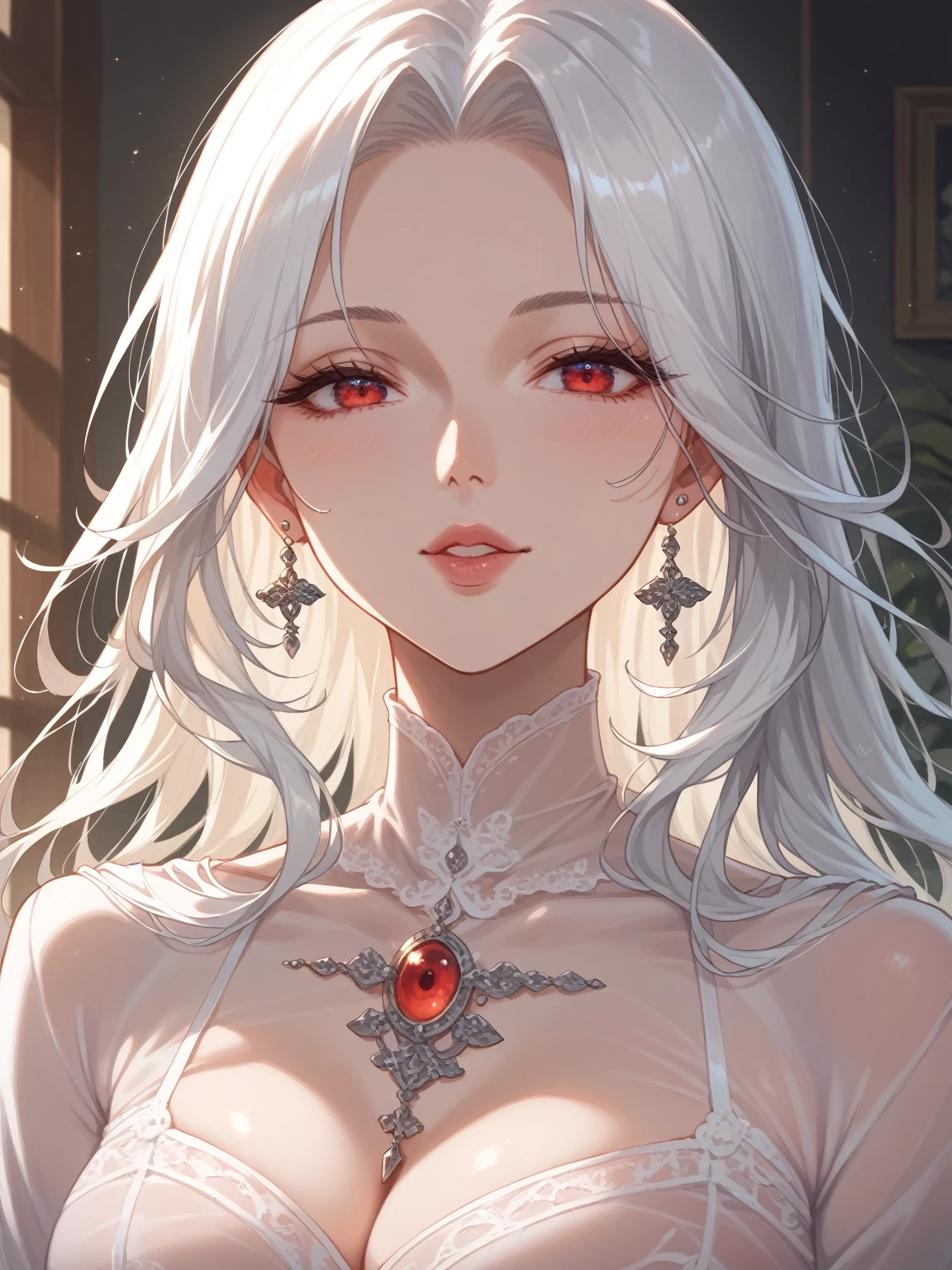 (best quality,high resolution:1.2),super-detailed,realistic:1.37,an alluring, mature and beautiful lady dressed in a black royal robe, adorned with lace lingerie, displaying her angry expression, close-up shot of her breasts, white hair, red eyes, and revealing her lingerie, close-up shot of her breasts, capturing the essence of a mature and seductive charm.
