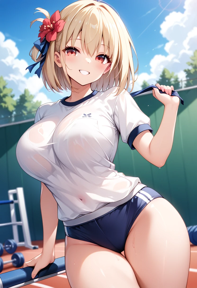 , Nishiki Chisato ,  short hair, bangs, blonde, (red eyes:1.5),   hair bow,  One side up,  bob cut , break ((((((Red Flower))))))'((((( white shirt )))))'(((((Gym Wear))))) break outdoors,  athletics , break looking at viewer, break (masterpiece:1.2), Best Quality,  high definition,  unity 8k Wallpaper , (shape:0.8), (beautiful details:1.6),  high-definition face , perfect lighting,  VERY DETAILED CG , (Perfect hands,  COMPLETE ANATOMY),(((Big Breasts)))'(((Thighs)))'(smile)),