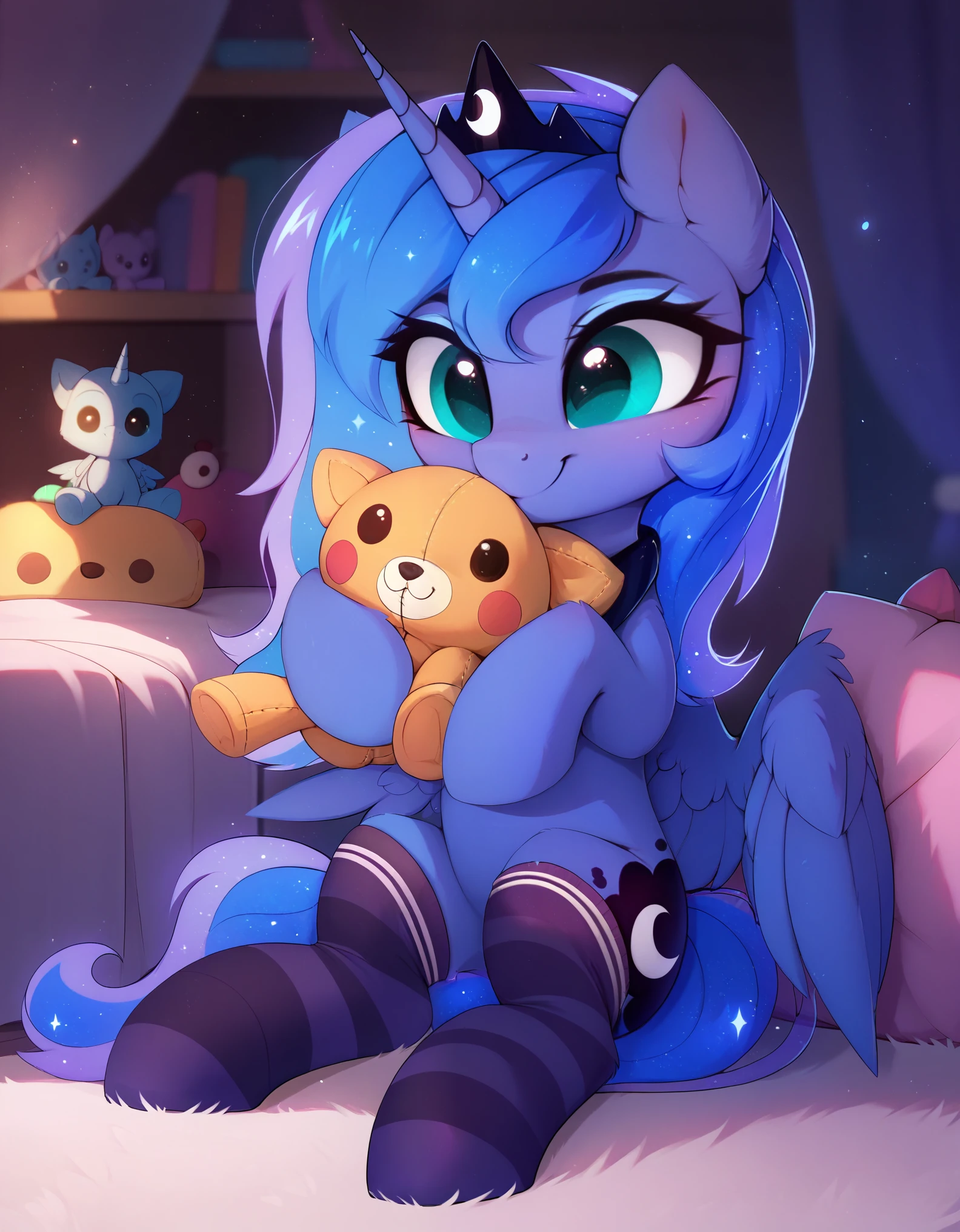 magnaluna, score_9, score_8_up, score_7_up, solo, young, Luna\(My_little_pony\), mlp, g4, alicorn, playroom\(place\), wearing knee socks, playing with plush toy,
(Full body), (high detailed), 4k, (high resolution)