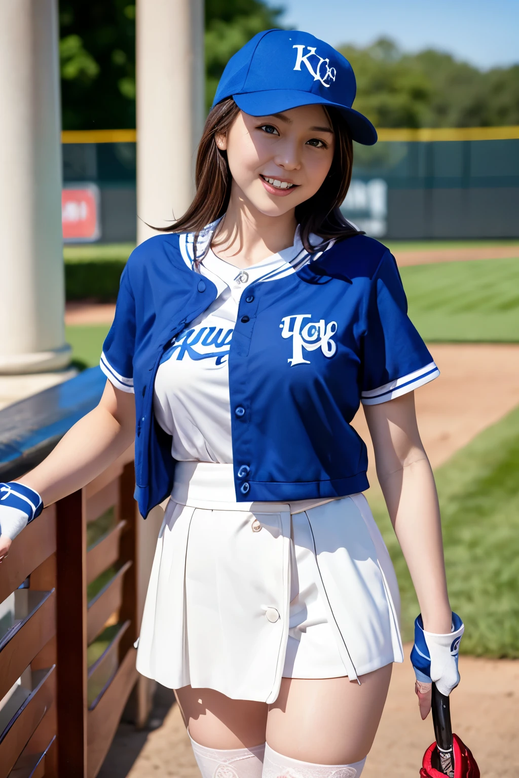 ((best quality)), ((masterpiece)), (detailed), 1girl,baseball player on baseball stadium,((clothed:1.1)),(Kansas City Royals uniform),sexy royal blue and light blue baseball uniforms,wearing royal blue baseball cap ,baseball mittens ,hold baseball bats,(pleated mini skirt )((huge breasts:2.0,see through:20,high leg micro pantie)),best smile,crossed arms,hold breasts,standing and style posing ,open legs,(beautiful pussy line),(Protruding pubic hair),