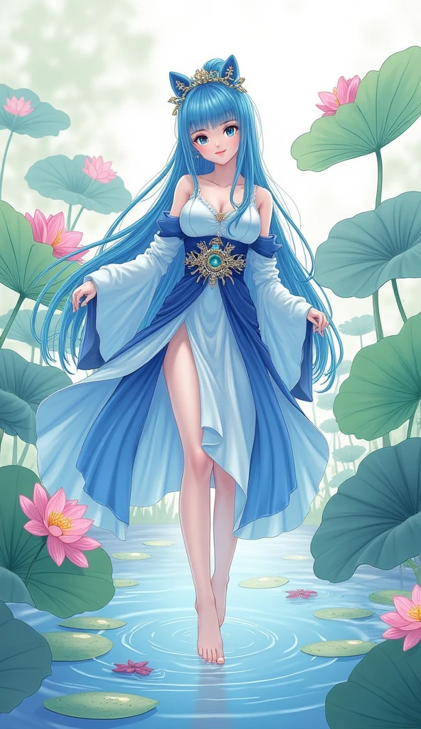 ((4k,masterpiece,best quality)), shuimobysim, Chinese painting, lotus, hanfu, maxiskit, dress open, swf 1girl, solo, long blue hair, smile, standing, feet in the water, barefoot,