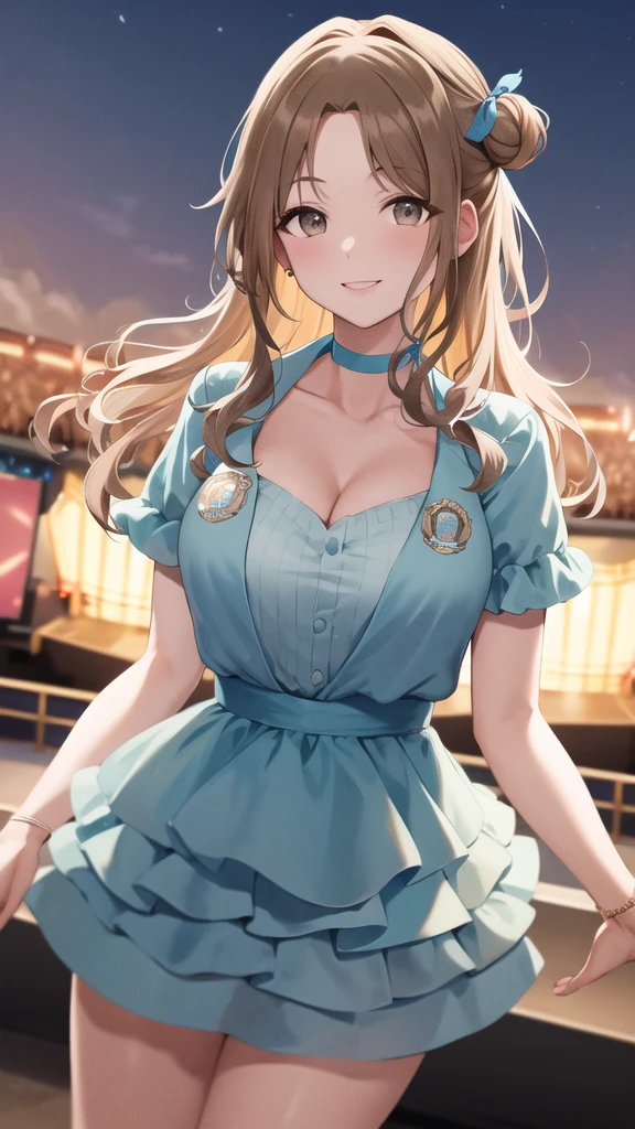 masterpiece, best quality, highres, hmhi, long hair, single hair bun, hair ribbon, blue choker, idol, jewelry, collarbone, cleavage, dress, short sleeves, layered skirt, badge, smile, standing, cowboy shot, stage, sky, outdoors, straight-on, arms at sides,