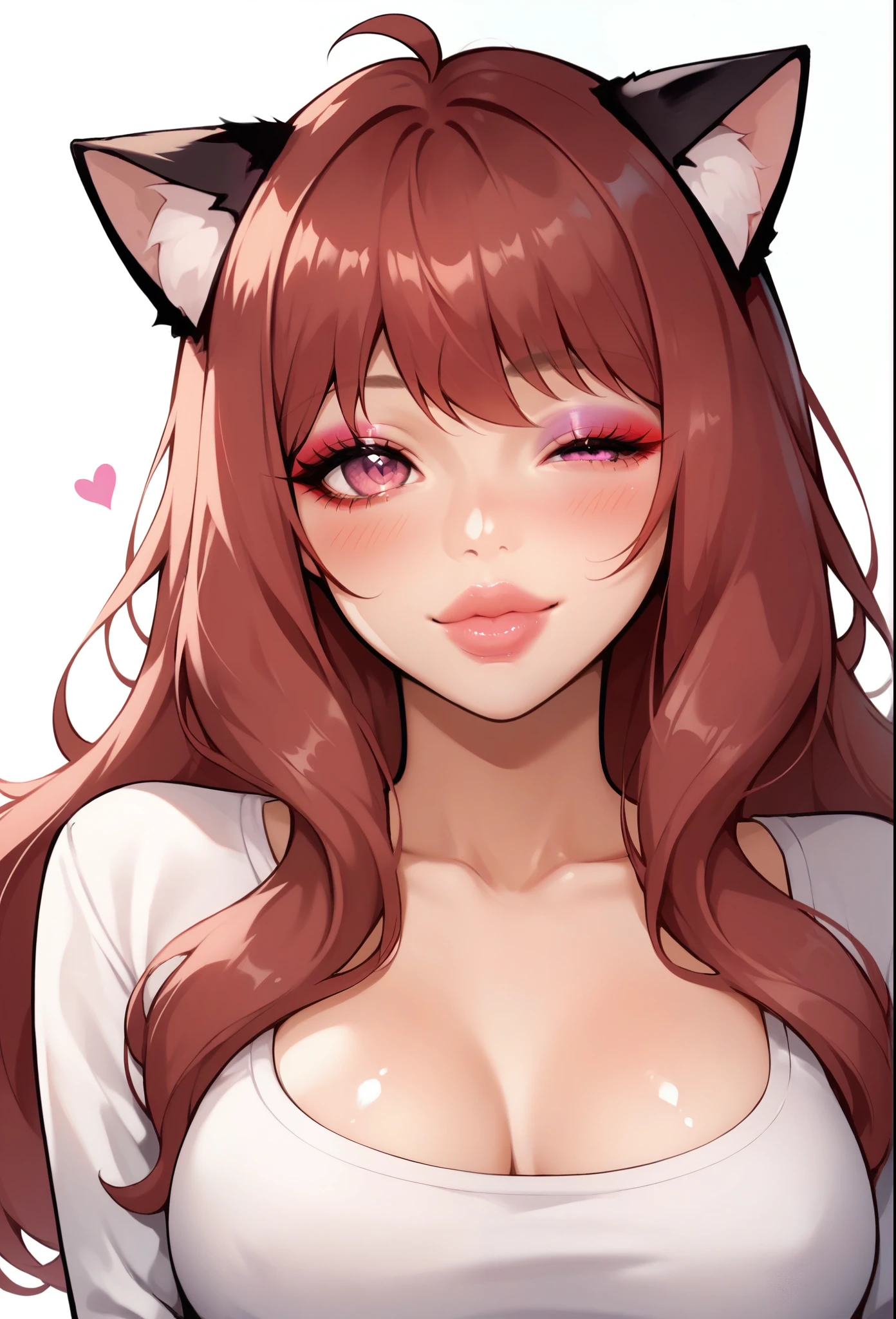 1girl, solo, fluffy cat ears, (cat girl), maroon red hair, pink eyes, long hair, medium breasts, long eyelashes, mature, (bimbo, big plump lips, eyeshadow, MILF) shiny skin, wispy bangs, naughty look, anime girl, cute, thin bangs, plain white background, fluffy cat animal ears, wink, one eye closed, soft smile, blush