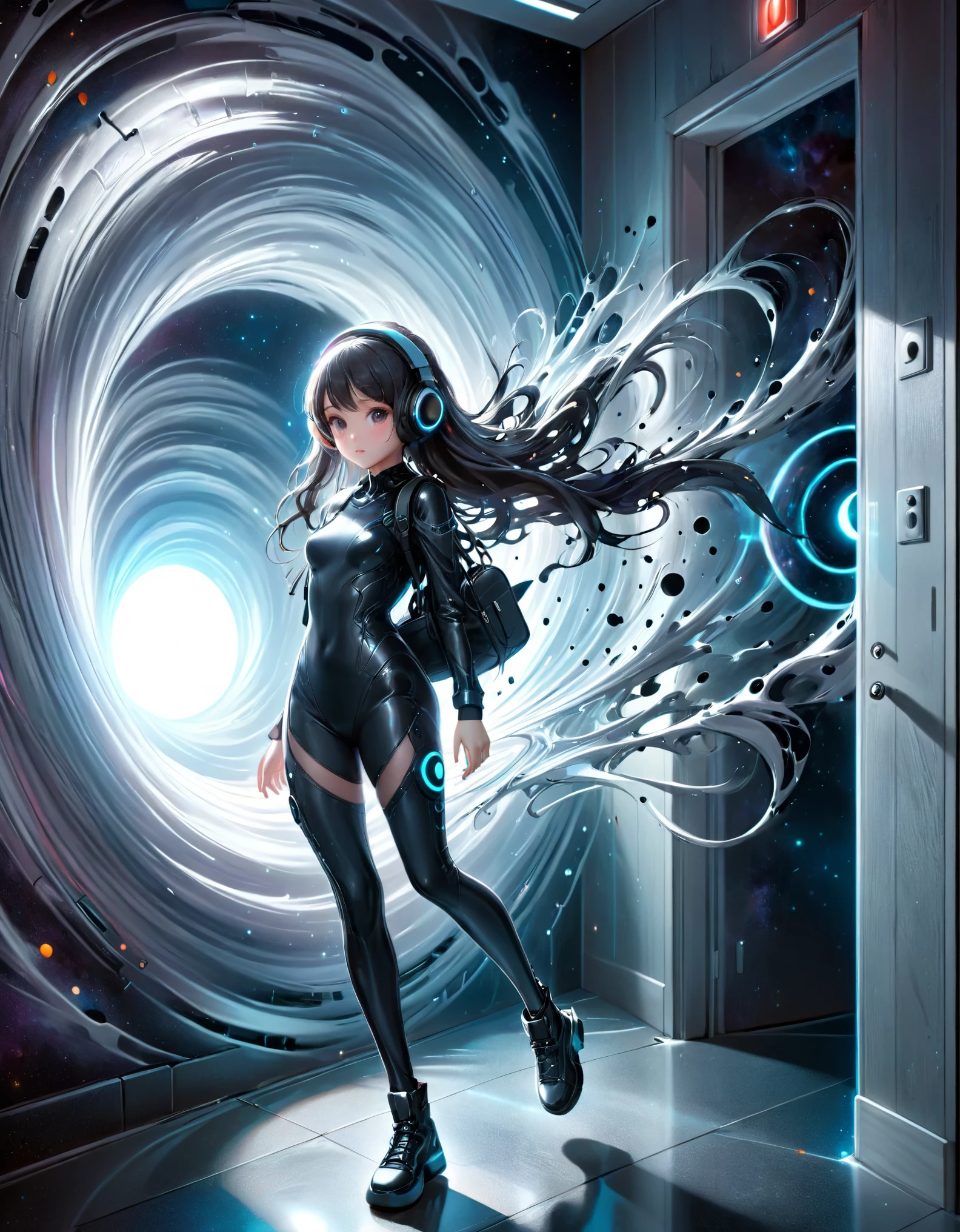 Portal to Another Dimension, black hole 
Cute mysterious girl emerges from black hole in school corridor, futuristic luminous bodysuit, handbag, headphones, 
Masterpiece, Best Quality, Ultra high Detailes, intricate details