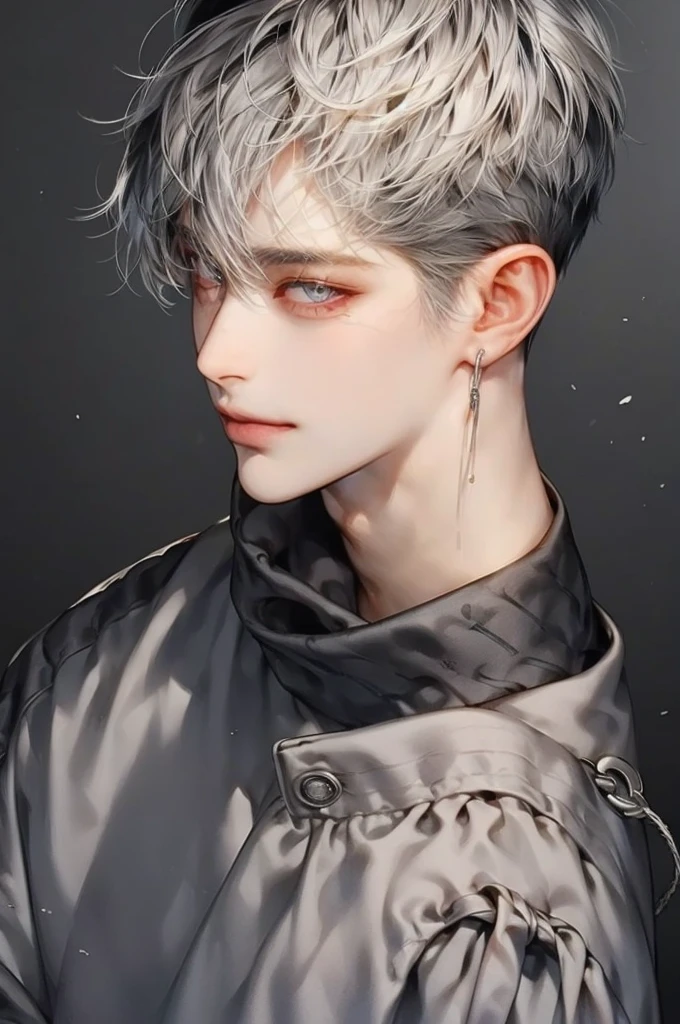 masterpiece, best quality, Detailed Eyes, high quaility, 1 male, male, 1 boy, gentle, Soft, handsome, tall, skinny, hair between eyes, gray colored hair, gary colored eyes, a hadsome man, Korean man, Adult male, cool man、Tall, (( has a similar face to Hyunjin ))、 undercut, ((He's wearing tech wear )), (( short hair)), ((black background)), (( He's watching the viewer)), (( broad shoulder )), smile