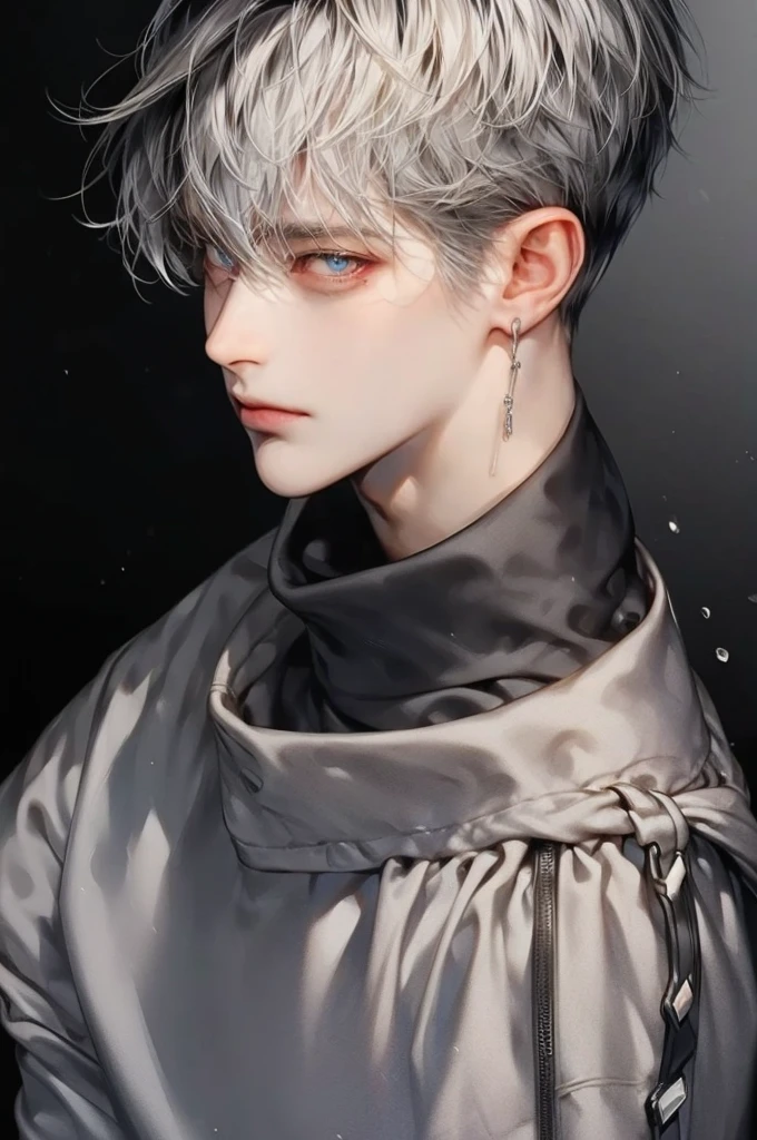 masterpiece, best quality, Detailed Eyes, high quaility, 1 male, male, 1 boy, gentle, Soft, handsome, tall, skinny, hair between eyes, gray colored hair, gary colored eyes, a hadsome man, Korean man, Adult male, cool man、Tall, (( has a similar face to Hyunjin ))、 undercut, ((He's wearing tech wear )), (( short hair)), ((black background)), (( He's watching the viewer)), (( broad shoulder ))