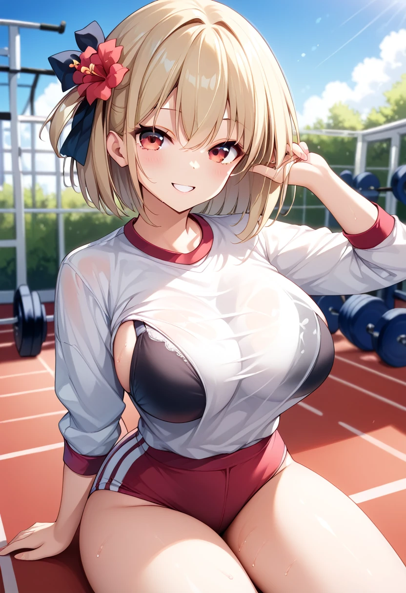 Nishiki Chisato ,  short hair, bangs, blonde, (red eyes:1.5),   hair bow,  One side up,  bob cut , break ((((((Red Flower))))))'((((( white shirt )))))'(((((Gym Wear))))) break outdoors,  athletics , break looking at viewer, break (masterpiece:1.2), Best Quality,  high definition,  unity 8k Wallpaper , (shape:0.8), (beautiful details:1.6),  high-definition face , perfect lighting,  VERY DETAILED CG , (Perfect hands,  COMPLETE ANATOMY),(((Big Breasts)))'(((Thighs)))'(smile)),  black bra, 