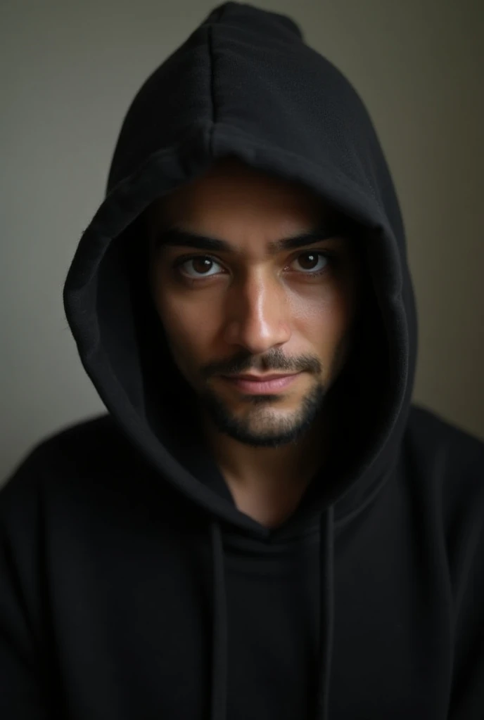 Create a person of about 25 years old, with his face covered with a black hood, the background that is dark gray gradient, A cinematic image, full HD , foreground