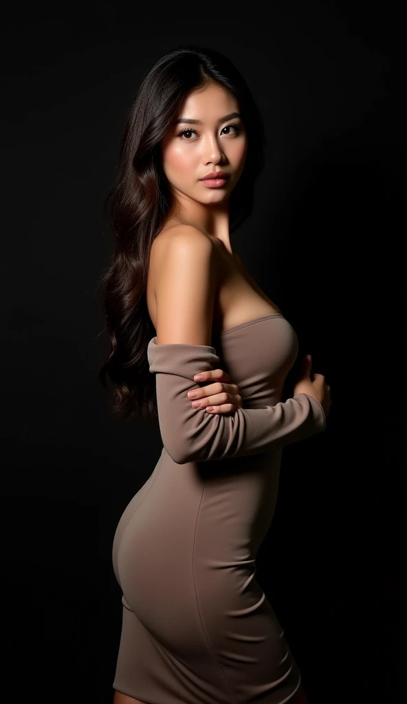 a young woman with long dark brown hair, beautiful young woman wearing dress, dark background, perfect lighting