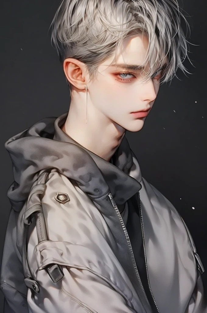 masterpiece, best quality, Detailed Eyes, high quaility, 1 male, male, 1 boy, gentle, Soft, handsome, tall, skinny, hair between eyes, gray colored hair, gary colored eyes, a hadsome man, Korean man, Adult male, cool man、Tall, (( has a similar face to Hyunjin ))、 undercut, ((He's wearing tech wear )), (( short hair)), ((black background)), (( He's watching the viewer)), (( broad shoulder ))