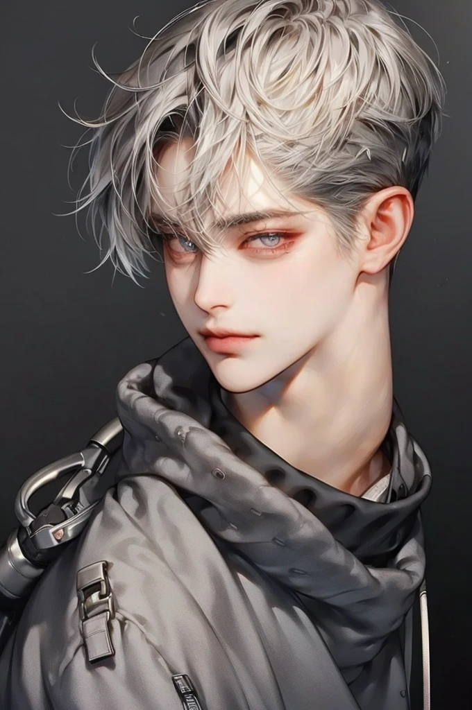 masterpiece, best quality, Detailed Eyes, high quaility, 1 male, male, 1 boy, gentle, Soft, handsome, tall, skinny, hair between eyes, gray colored hair, gary colored eyes, a hadsome man, Korean man, Adult male, cool man、Tall, (( has a similar face to Hyunjin ))、 undercut, ((He's wearing tech wear )), (( short hair)), ((black background)), (( He's watching the viewer)), (( broad shoulder )), ((Aerial shot))