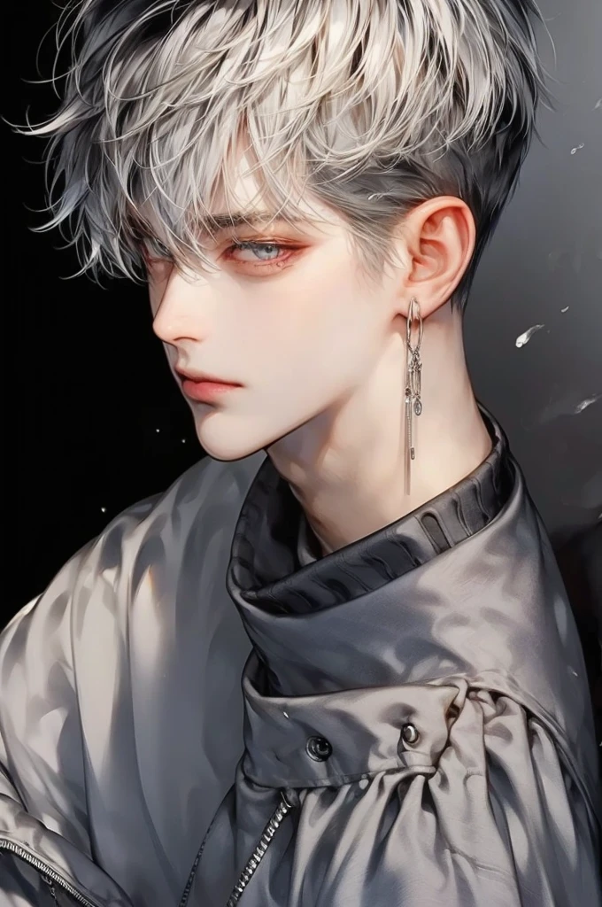 masterpiece, best quality, Detailed Eyes, high quaility, 1 male, male, 1 boy, gentle, Soft, handsome, tall, skinny, hair between eyes, gray colored hair, gary colored eyes, a hadsome man, Korean man, Adult male, cool man、Tall, (( has a similar face to Hyunjin ))、 undercut, ((He's wearing tech wear )), (( short hair)), ((black background)), (( He's watching the viewer)), (( broad shoulder )), ((frontal))