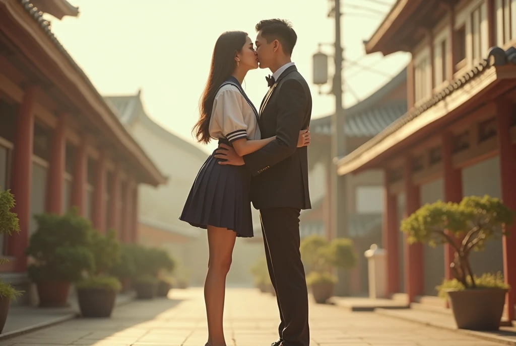Clear focus，A detailed，dramatics，Delicate and beautiful Chinese schoolgirl and Indian man intimate，Female student penetrating white shirt，tiese，Dark blue pleated miniature miniature，pale brown hair，Smooth braids，Raised sexy，ssmile，peeking at the viewer，Beautiful graphics，bright schoolhouse，Full of students，Indian man rough，showing whole body，Lovers，hugs，intimacy，seductiv