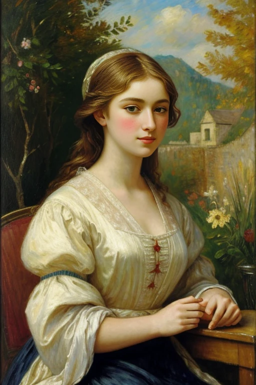 charming young cute girl looks enthusiastically sitting half-sideways on a chair, in a pink shirt and tights with a tulle frill, Averts his eyes, dark clouds, 15 century,(Bruno Di Maio style)), The dark Renaissance, (fog, very scuffing), ((palette/oil painting palette knife)), ((masterpiece)), single shot, impression:1.2, extreme detail, perspective:1.33, 8k