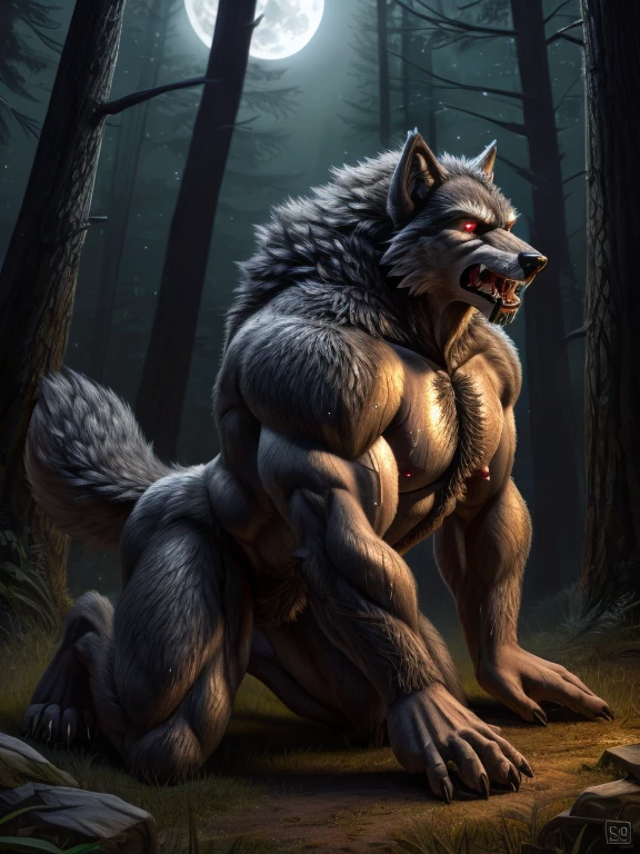 ultra-detailed, masterpiece, masterwork, high quality, best quality, hdr, (nature, forest), nsfw, male, solo, werewolf, (nude,), (white little body werewolf), (white chubby body), (long silver hair), detailed yellow eyes, squatting, dynamic angle, sweat, (canine penis, perfect balls), masturbation, cum, excessive cum, pojecile cum