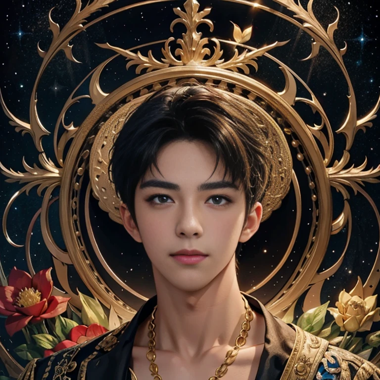 masterpiece,   high quality ,   high quality ,   official art  , beautiful beautiful ,  1 boy  ,   is very detailed,   fractal art  , Colorful, The most detailed  ,   Pose with movement, Details Beautiful and gentle face、Beautiful details and gentle eyes, Extremely high resolution, Symmetrical eyes, natural smile, floral.