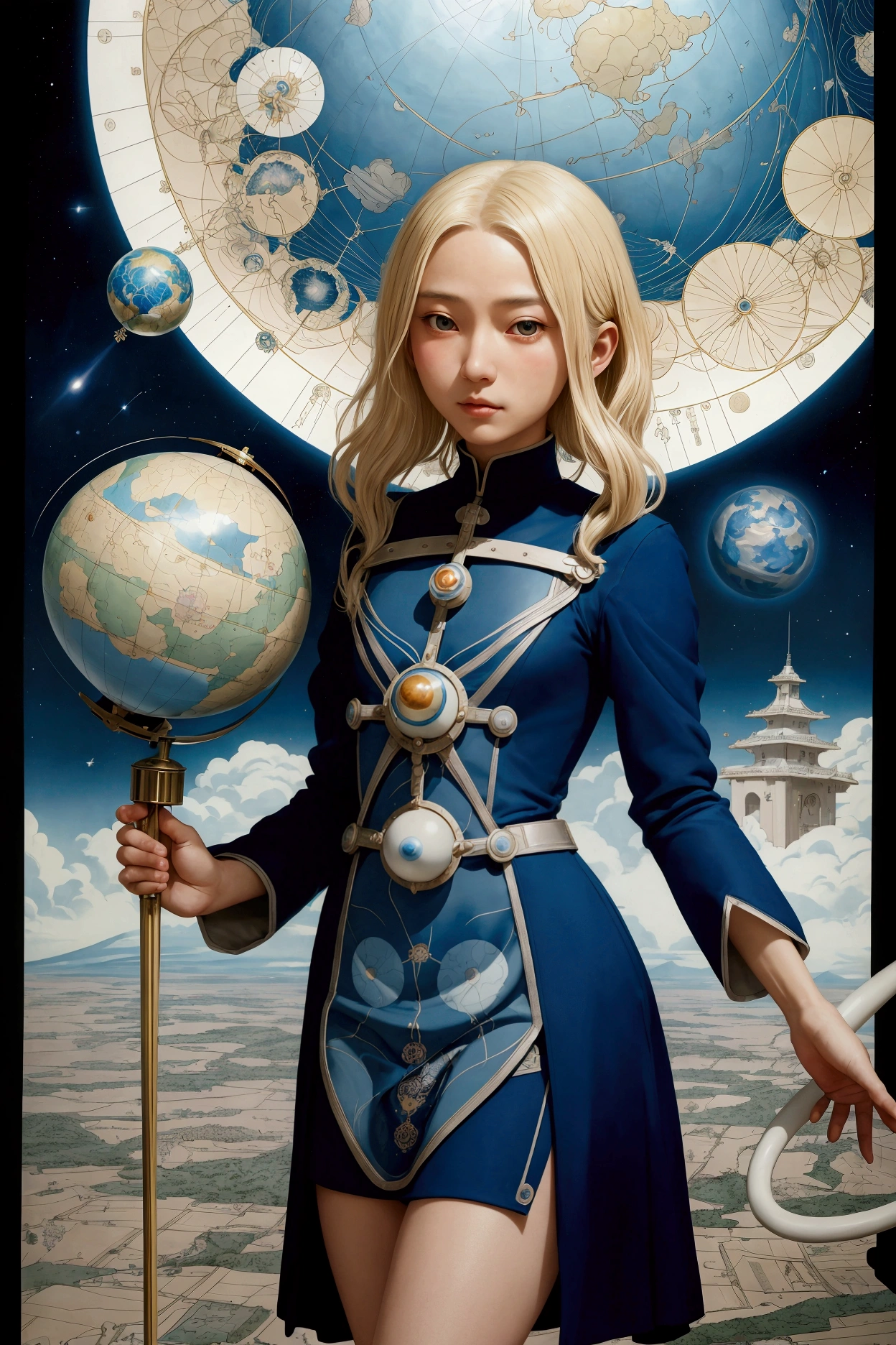 there is a woman sitting on a large globe with a map in the background, female earth mage, goddess of travel, artgerm julie bell beeple, detailed cover artwork, board game cover art, fantasy rpg symmetrical portrait, official artwork, wide angle fantasy art, a beautiful artwork illustration, album art, science fantasy painting, anime fantasy illustration