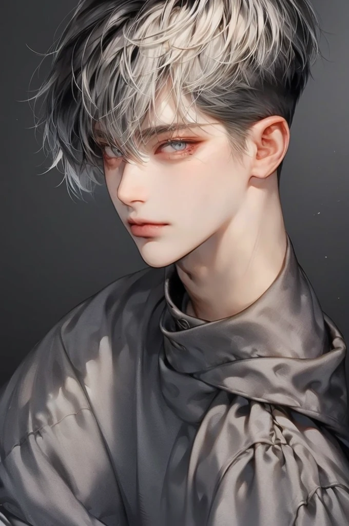 masterpiece, best quality, Detailed Eyes, high quaility, 1 male, male, 1 boy, gentle, Soft, handsome, tall,  gray colored hair, gary colored eyes, a hadsome man, Korean man, Adult male, cool man、Tall, (( has a similar face to Hyunjin ))、 undercut, ((He's wearing tech wear )), (( short hair)), ((black background)), (( He's watching the viewer)), (( broad shoulder )