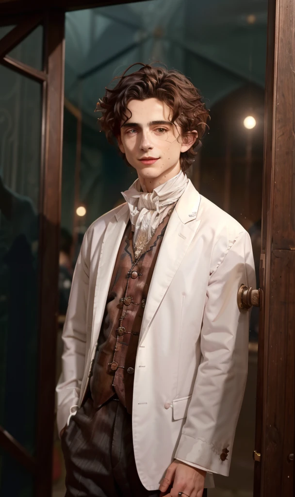 timochal2023, 1boy, the matrix, 17th century clothes, white ascot, pendant, steampunk, Lies of P, mechanical arm, uhd, best quality, masterpiece, trending on arstation, rtx on, reflections, dramatic lighting, cinematic lighting, depth of field, smile, gothic