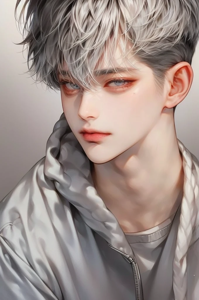 masterpiece, best quality, Detailed Eyes, high quaility, 1 male, male, 1 boy, gentle, soft, handsome, tall,  gray colored hair, gary colored eyes, a hadsome man, Korean man, Adult male, cool man、Tall, ((현진이랑 얼굴 비슷함))、 undercut, ((테크웨어를 입고 있어)), ((짧은 머리)), ((검은색 배경)), ((넓은 어깨)