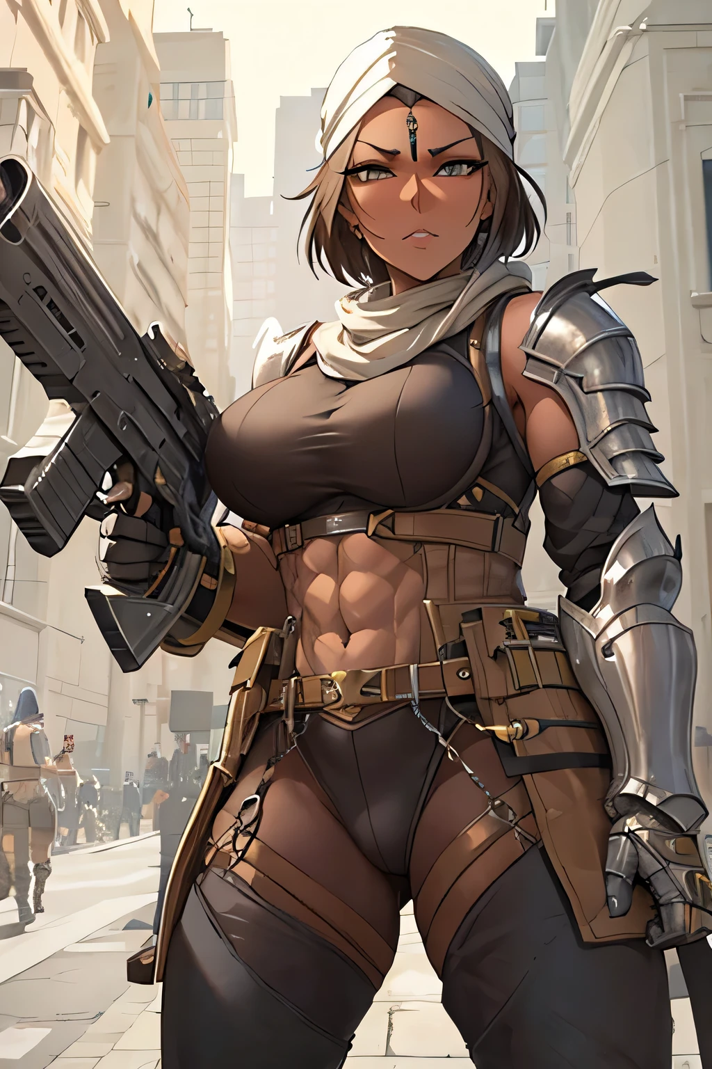 Top quality, detailed face, top quality, detailed eyes, detailed illustration, one woman, MILF, 35 years old, Arabian, mercenary with a history of warfare, ruthless expression, (((brown skin))), short white hair, cool hairstyle, turban, scarf, muscular, supple body, iron-clad tank top, abs, steel shoulder pads, military pants, steel gauntlets, steel lek armor, boots, sharp eyes, yellow eyes